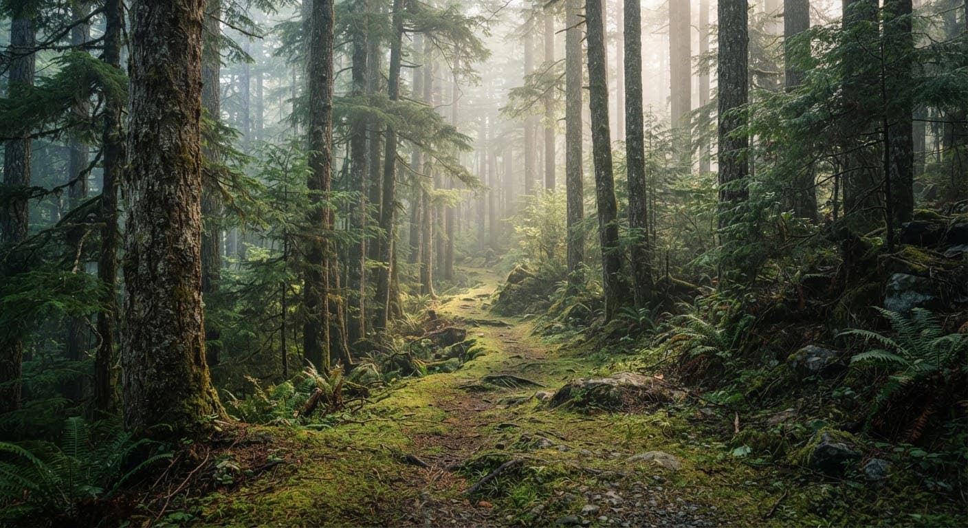 A misty forest hiking trail at dawn, framed by ancient trees.
