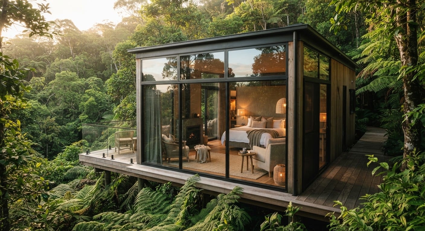 The Canopy Suite seen from below, suspended within the forest canopy.