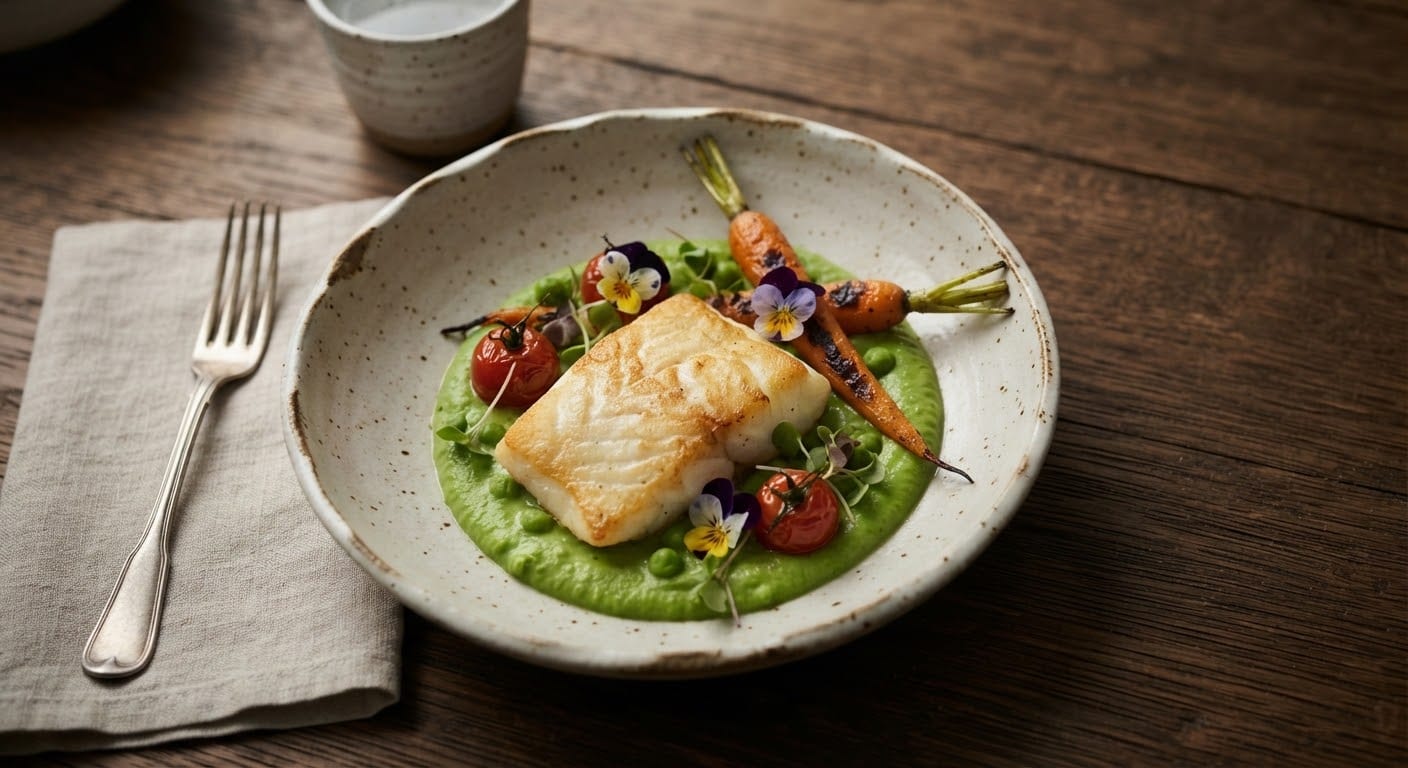 A minimalist seasonal dish plated on handcrafted ceramic dinnerware.