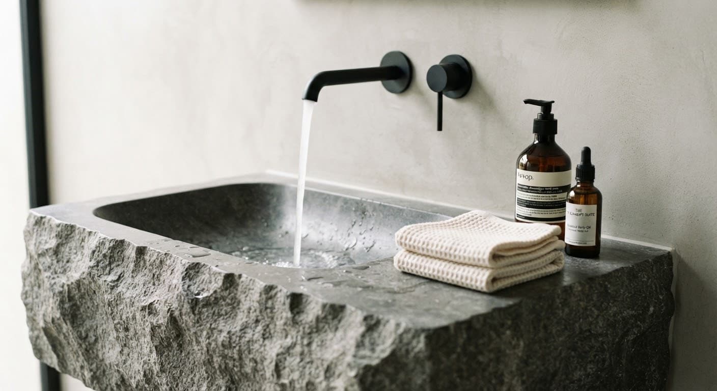 A bathroom vanity carved from a single block of raw grey stone.