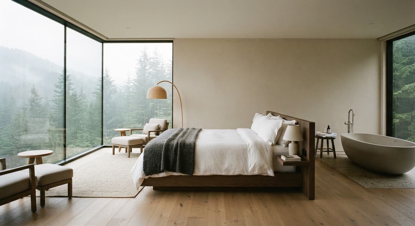 The suite’s master bedroom with a king bed dressed in crisp white linen.