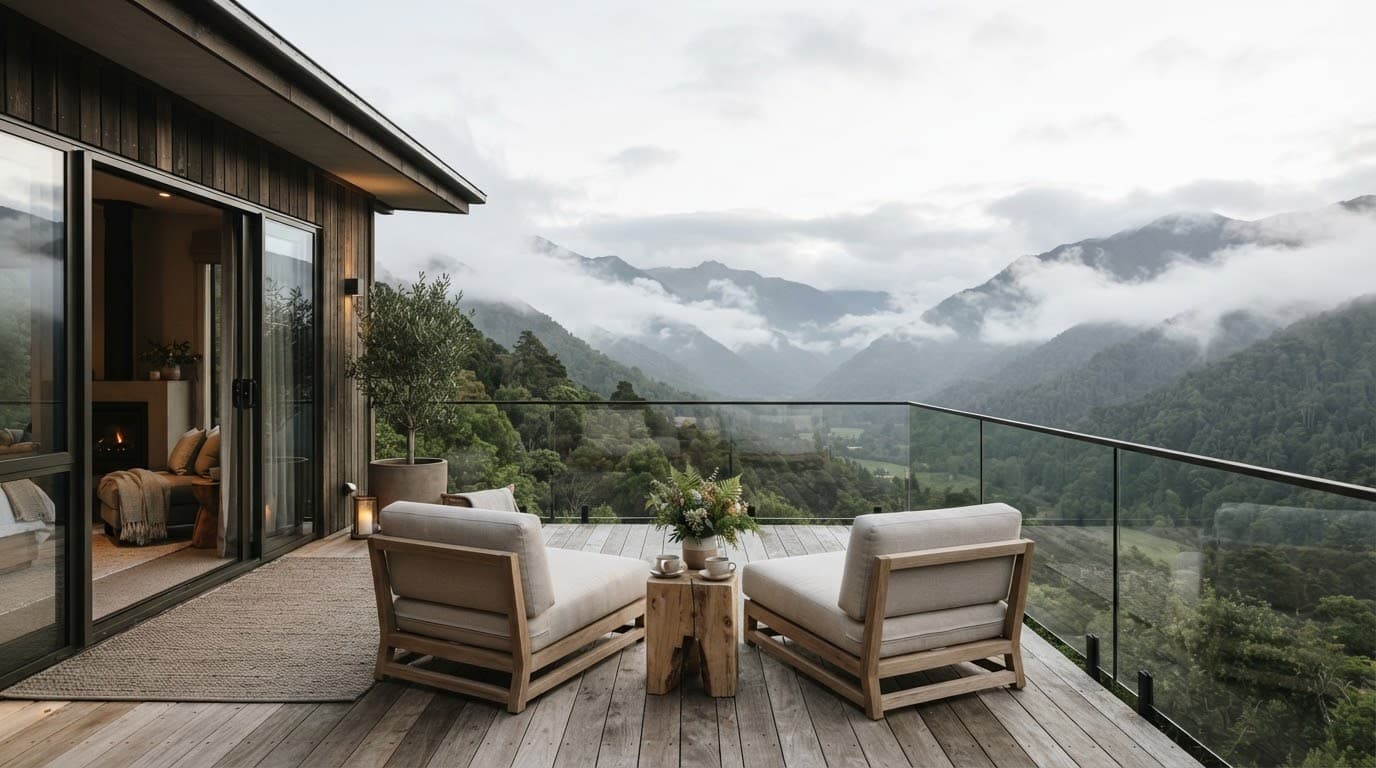 The suite’s private deck with low timber loungers facing the treeline.