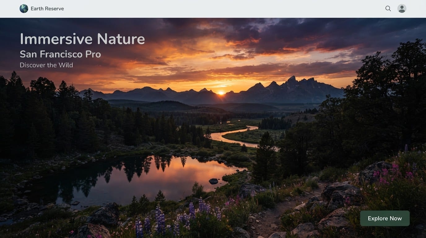 The sun setting over an untouched nature reserve, mountains silhouetted on the horizon.
