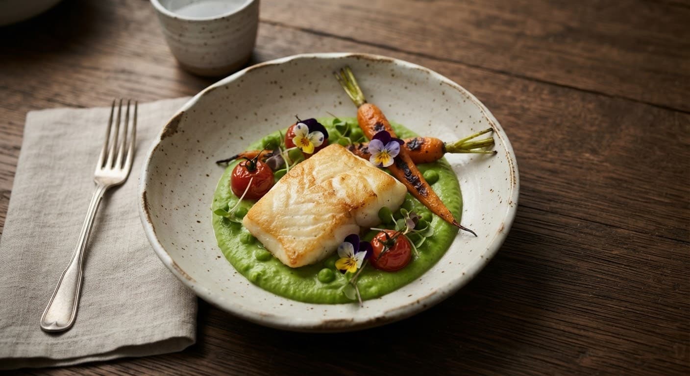 A minimalist seasonal dish plated on handcrafted ceramic dinnerware.