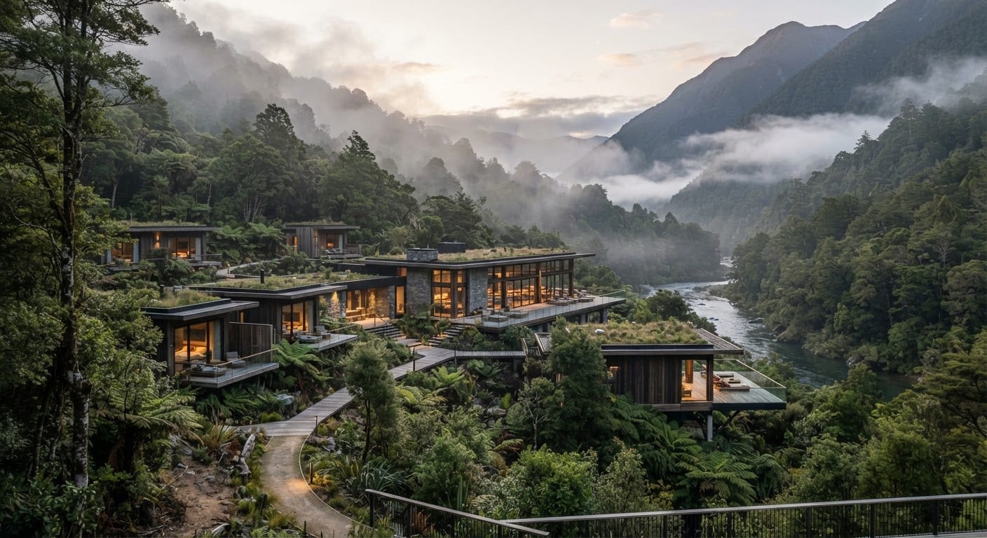 The resort nestled in a misty forest valley, seen from across the ridge.
