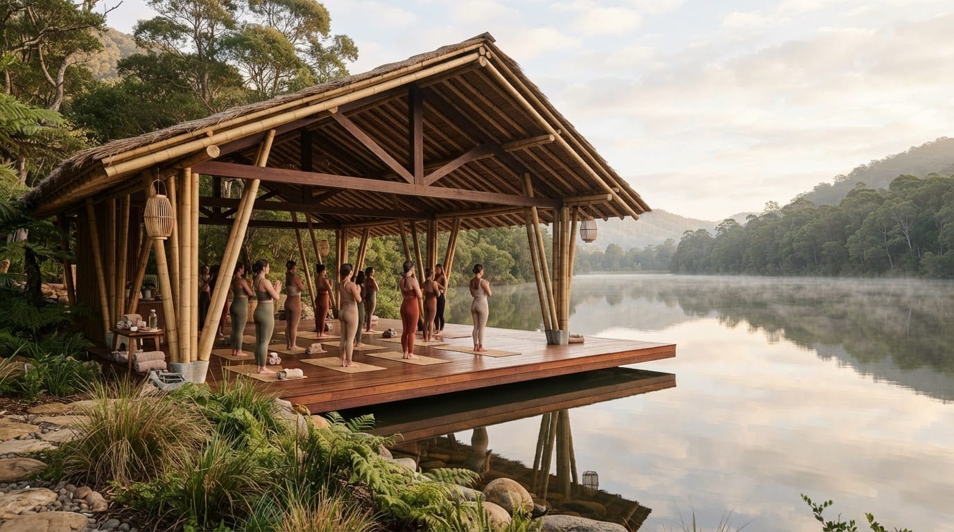 An open-air bamboo yoga pavilion overlooking a still lake in early morning light.