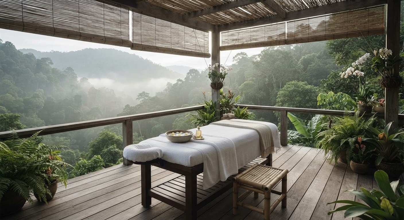 A minimalist wooden spa deck overlooking a mist-covered valley.