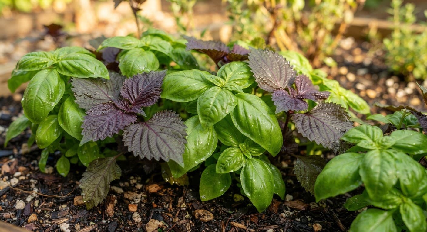 Green basil and purple shiso growing together in a herb bed.