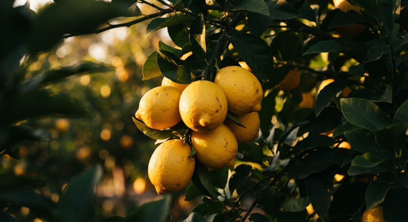 Ripe Meyer lemons on the branch, lit by low golden-hour sun.