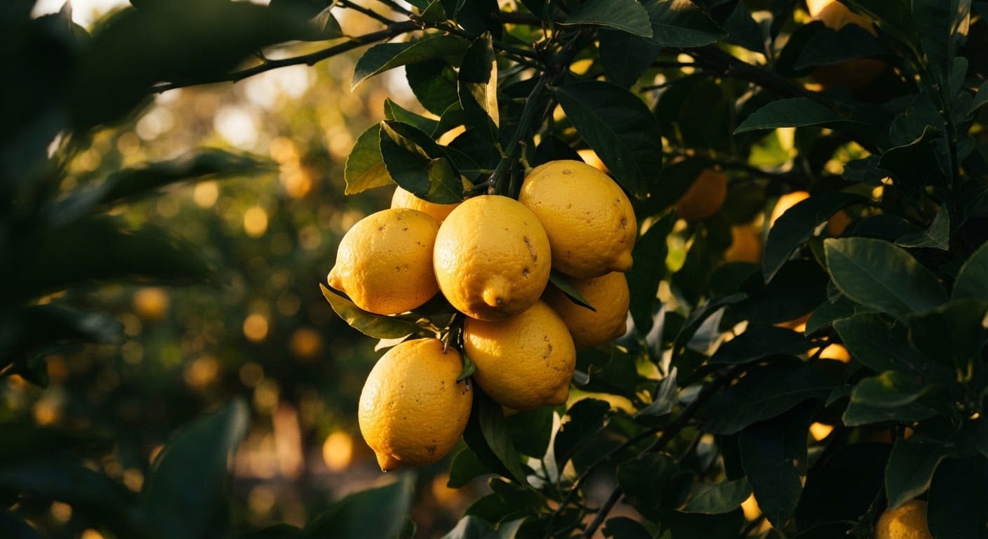 Ripe Meyer lemons on the branch, lit by low golden-hour sun.