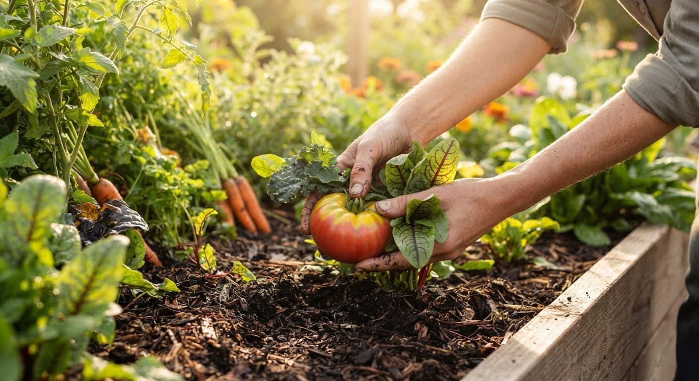 Hands lifting freshly picked organic vegetables from a garden bed.