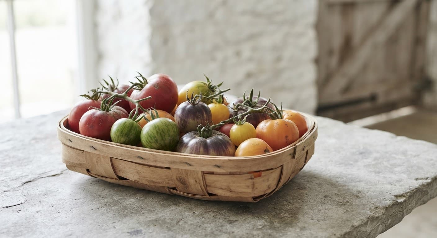 Freshly harvested heirloom tomatoes in varied colours, arranged as a still life.