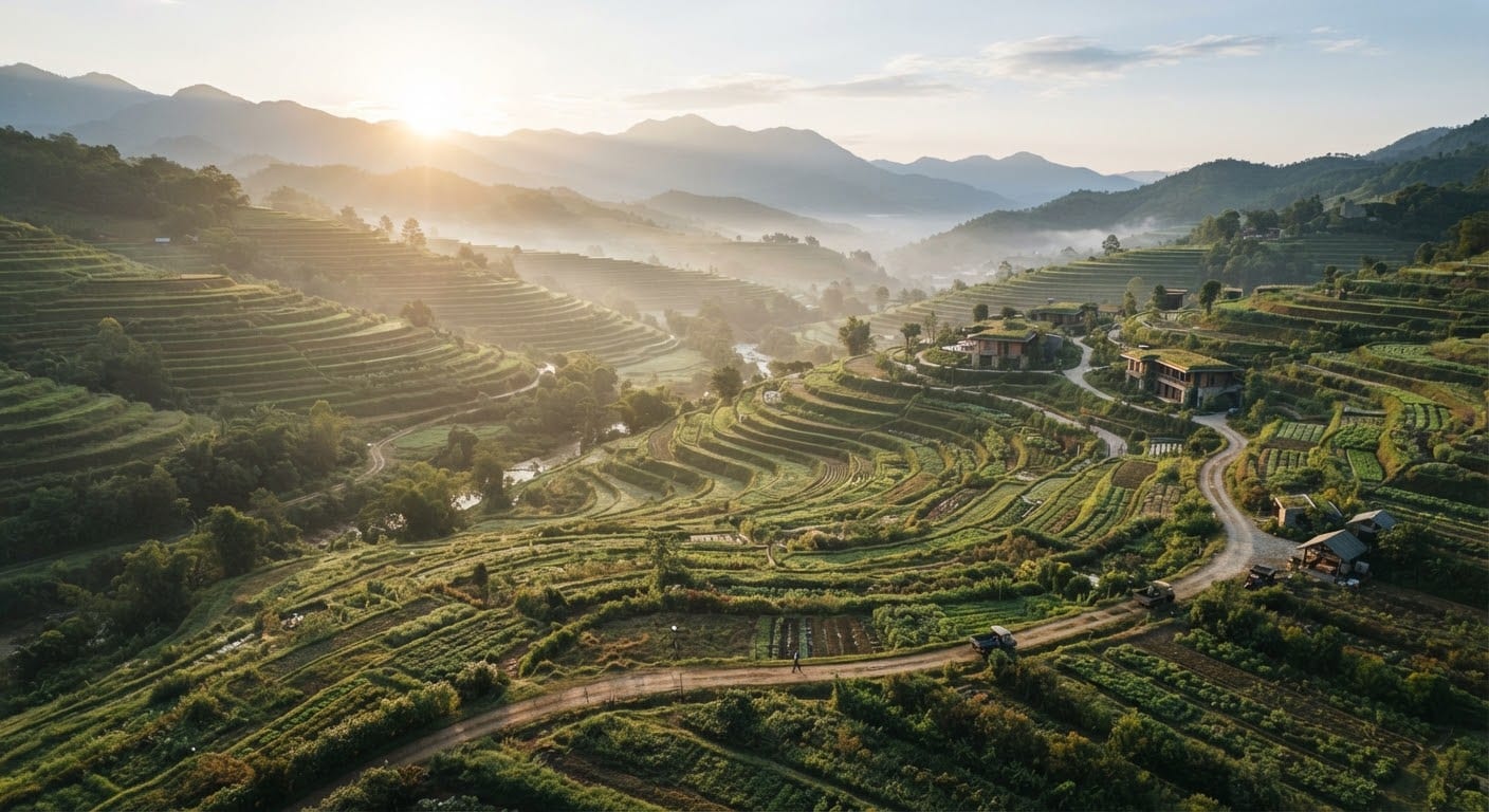 Mist-covered organic farm terraces stretching across the hillside at dawn.
