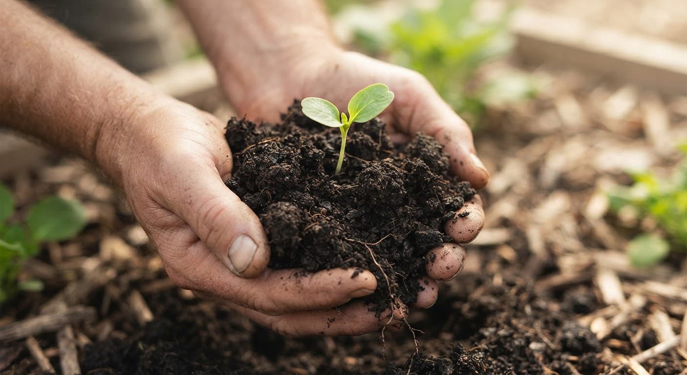Hands lifting dark, rich compost-fed soil from a raised garden bed.
