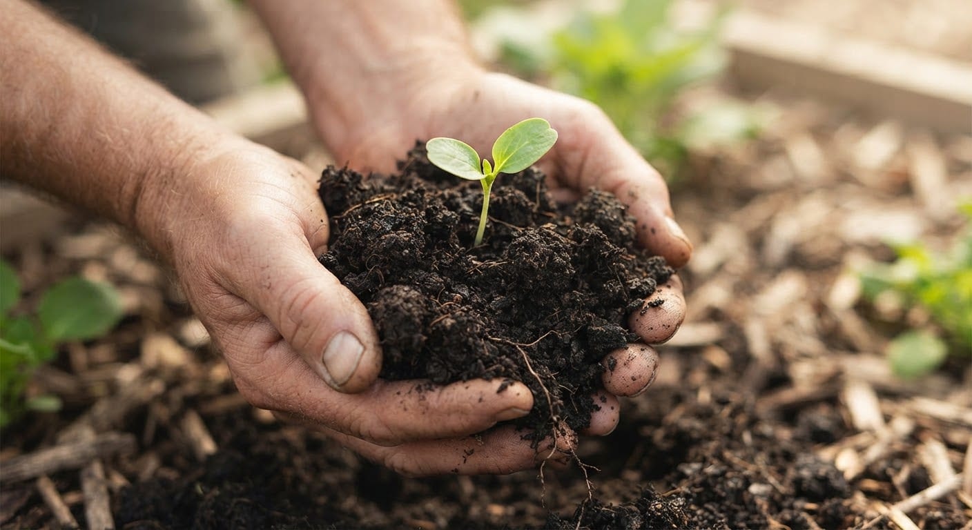 Hands lifting dark, rich compost-fed soil from a raised garden bed.