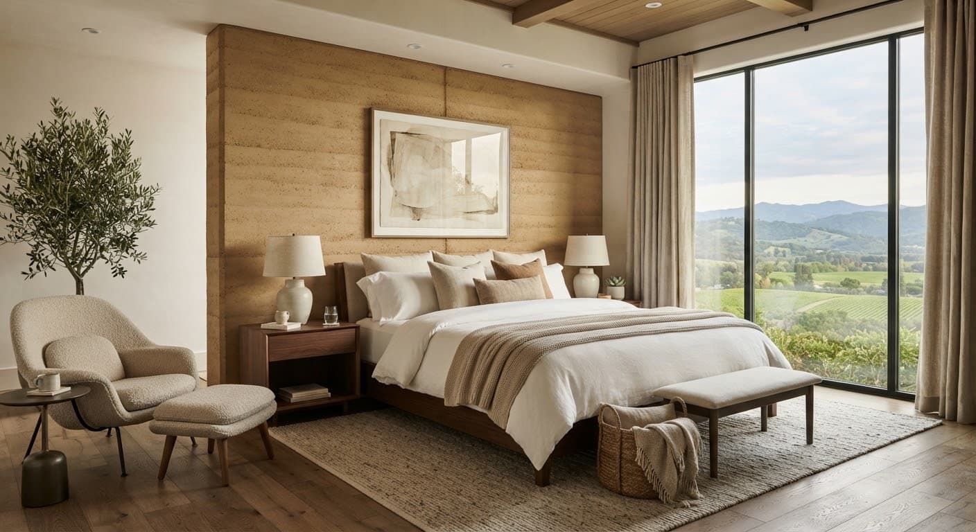 A luxury suite bedroom with soft natural light across white bedding.