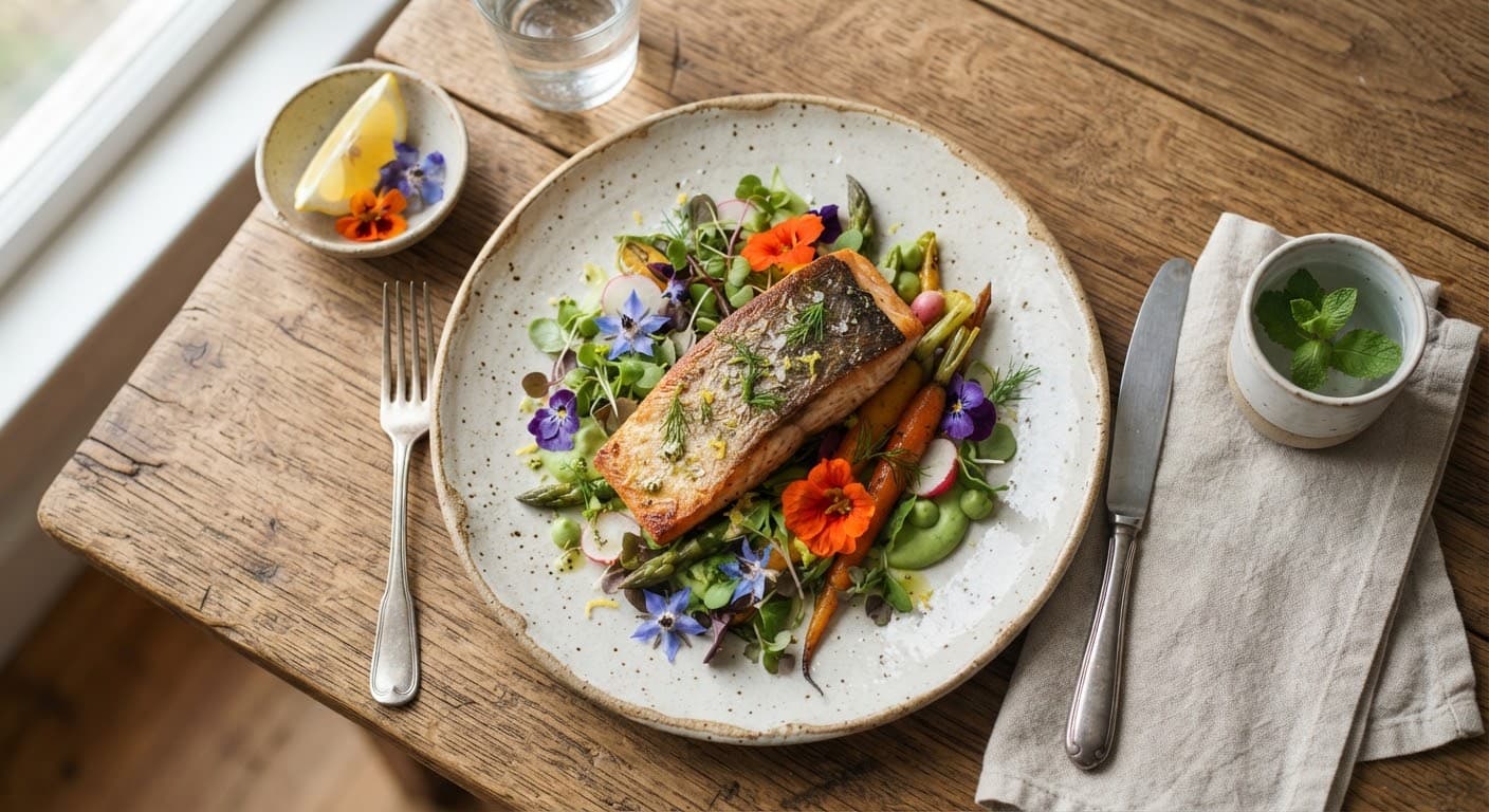 An overhead view of a farm-to-table dish on artisan ceramic.