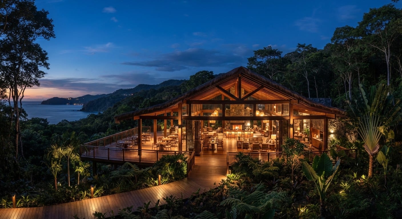 The resort’s open pavilion at dusk, its timber frame glowing from within.