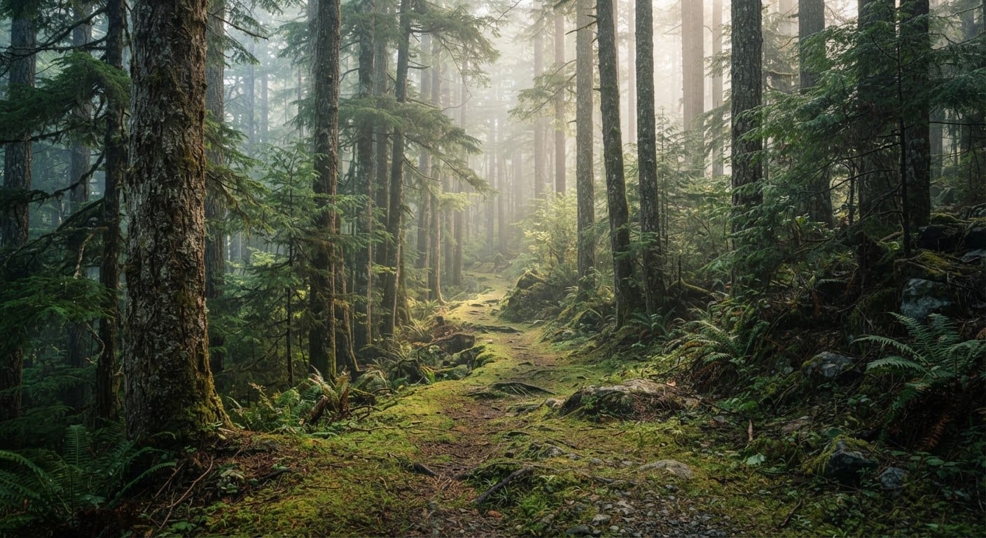 A misty forest hiking trail at dawn, framed by ancient trees.