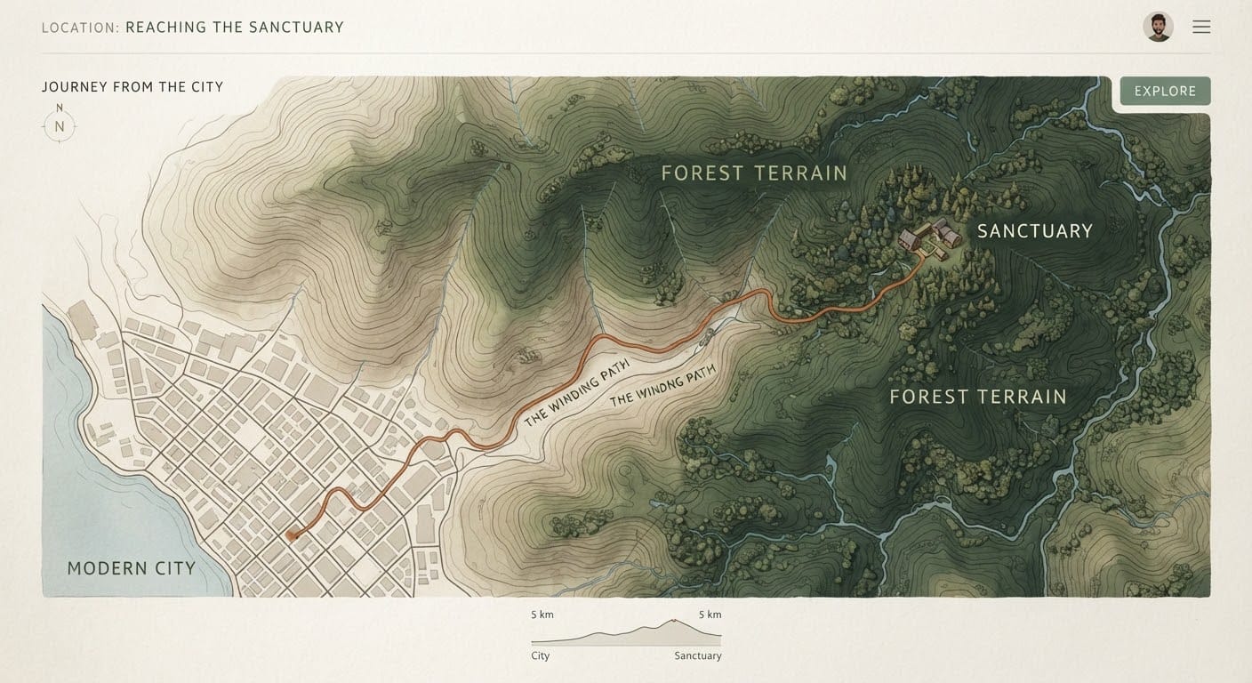 A stylised topographic map showing the winding approach to the estate.