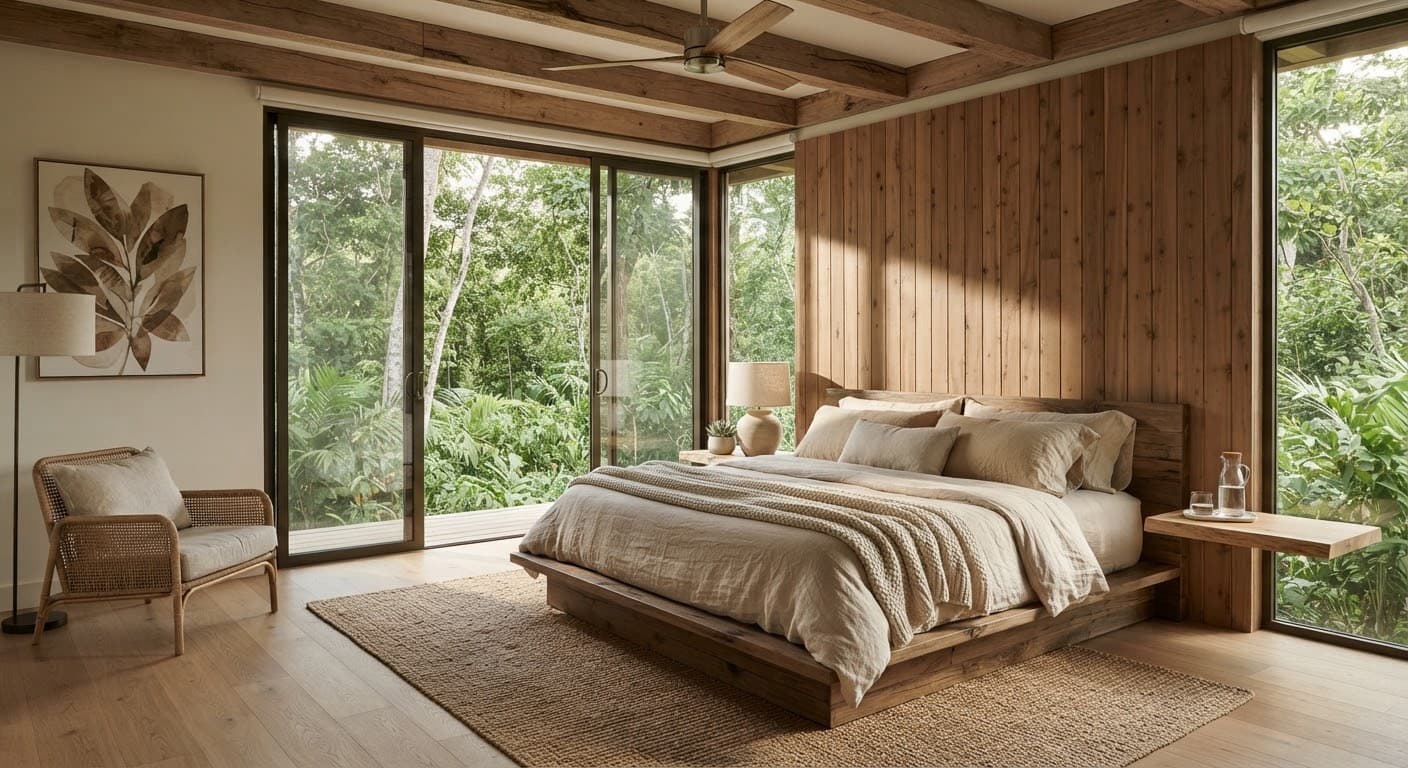 A minimalist bedroom finished in raw timber and natural linen.