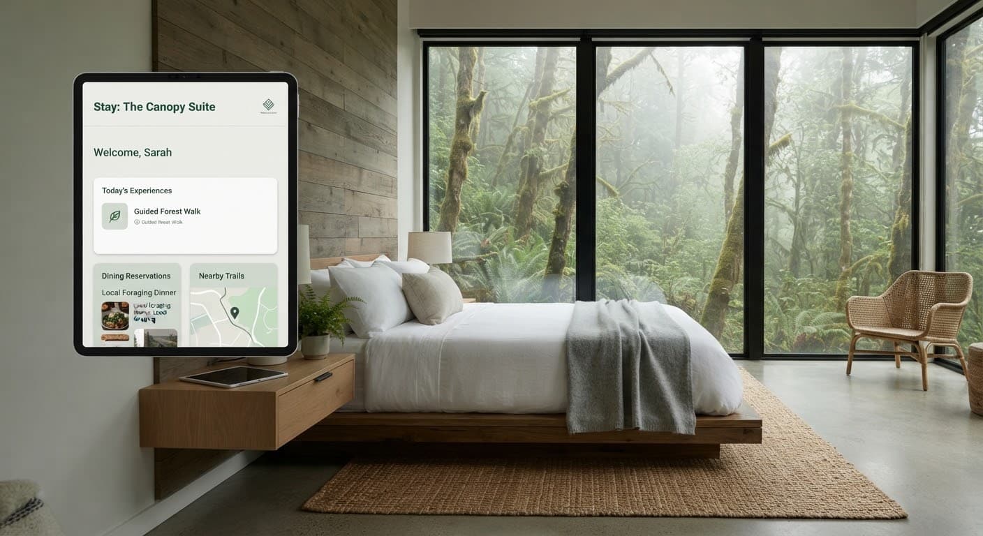 The interior of the Canopy Suite, framed by full-height forest windows.