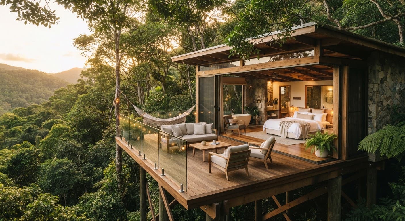 The Canopy Suite raised among the treetops with its private timber deck.