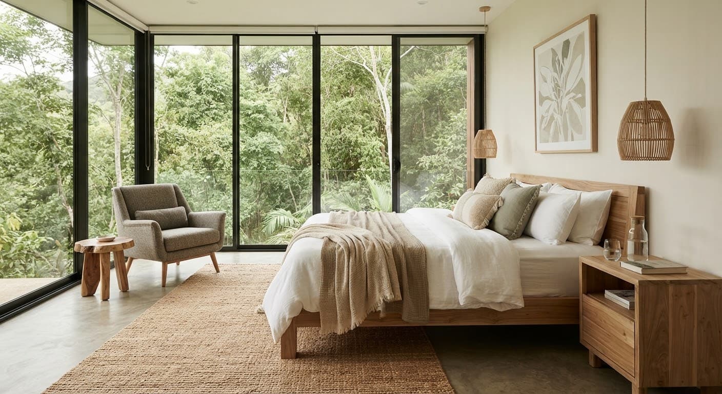 A serene bedroom with floor-to-ceiling glass opening onto the forest.