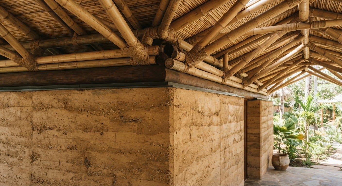 A rammed-earth wall meeting a bamboo ceiling in close architectural detail.