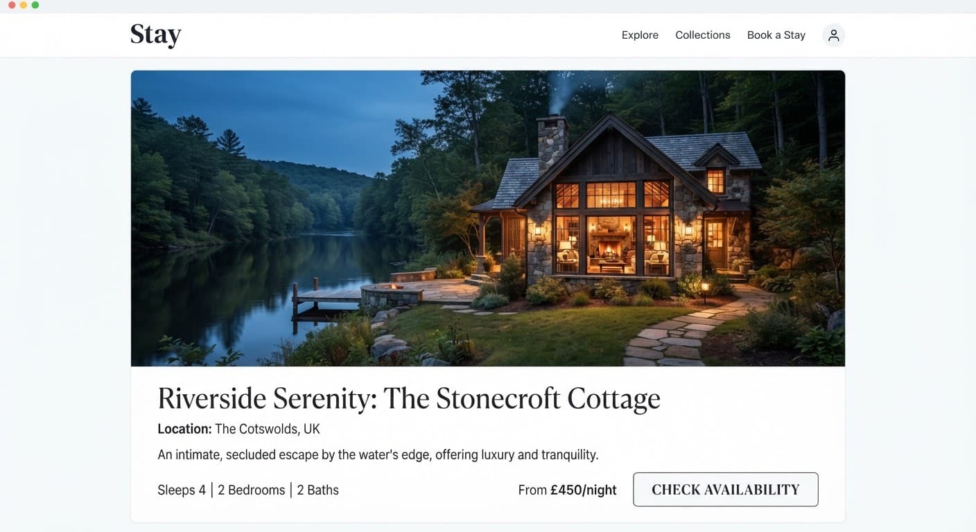 A stone and timber cottage set directly beside a slow-moving river.