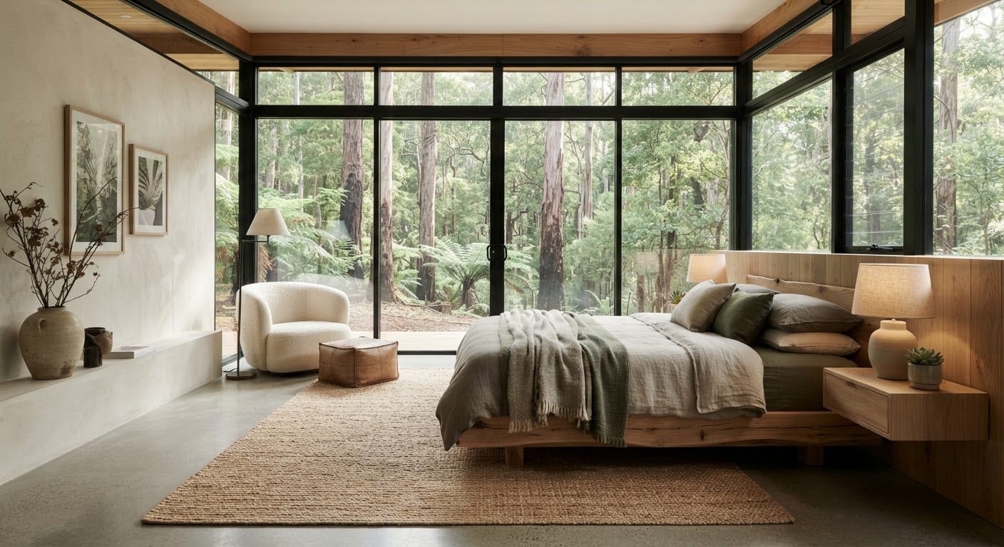 A luxury eco-suite bedroom with floor-to-ceiling windows facing dense forest.