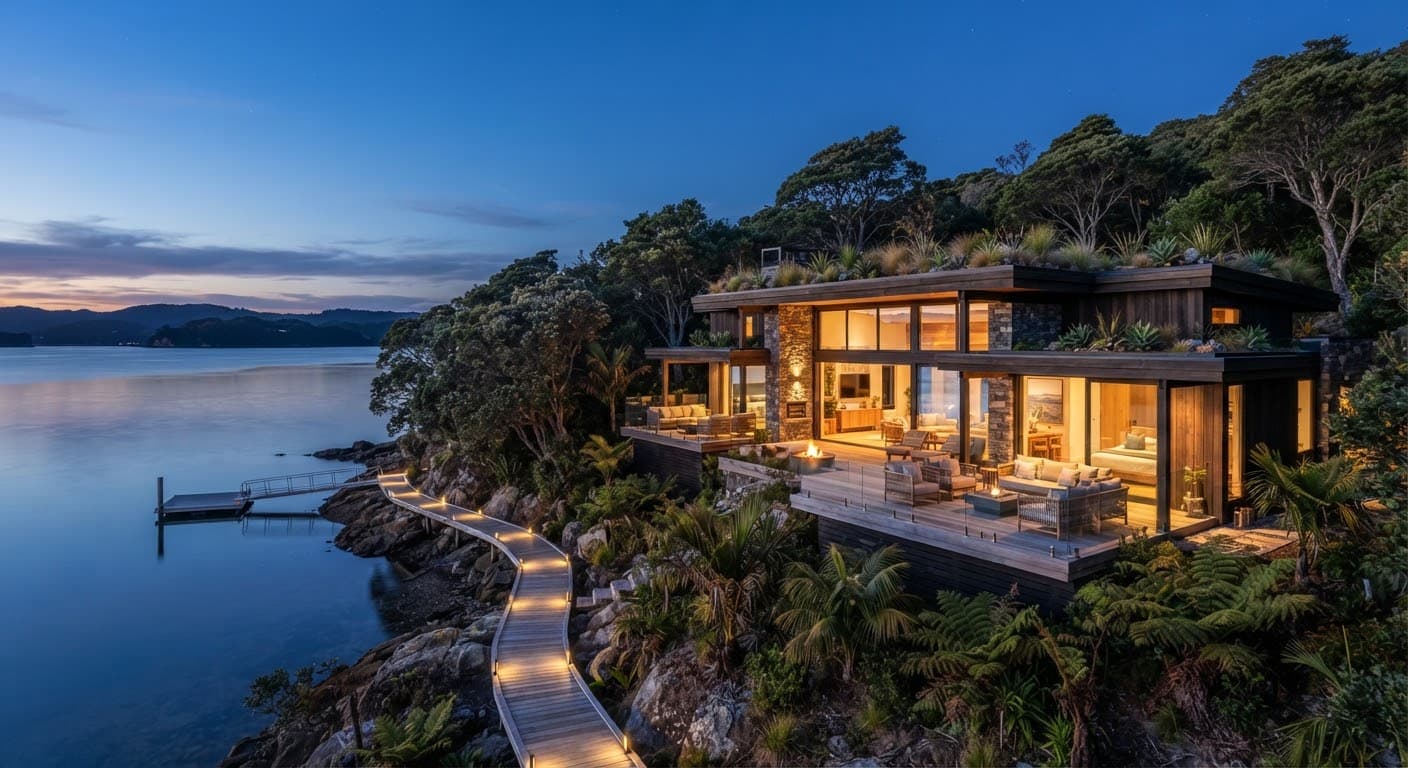 A private eco-villa beside calm water at dusk, warm light spilling from inside.