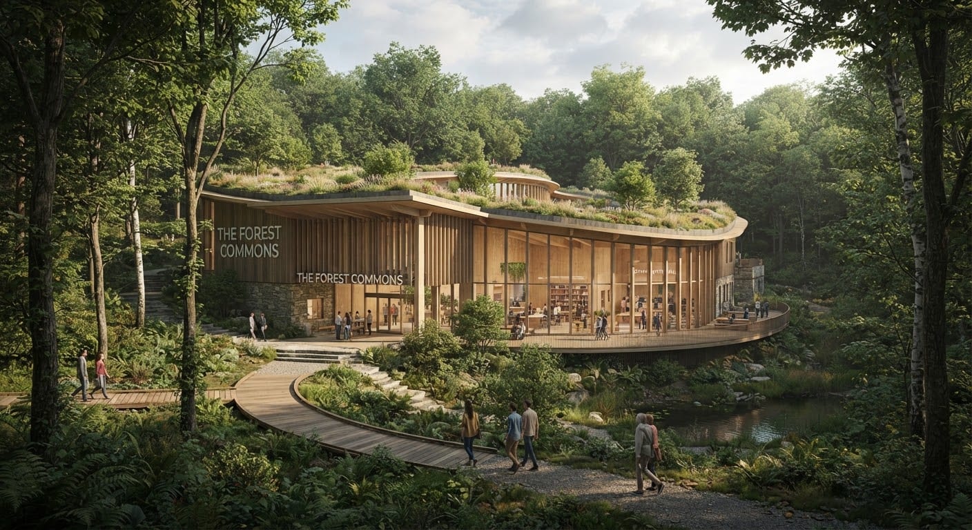 A community building designed to sit low and quiet within the treeline.