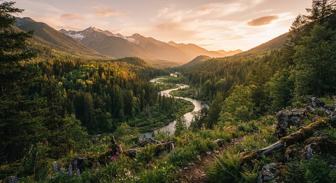 A pristine forest valley bathed in golden-hour light.