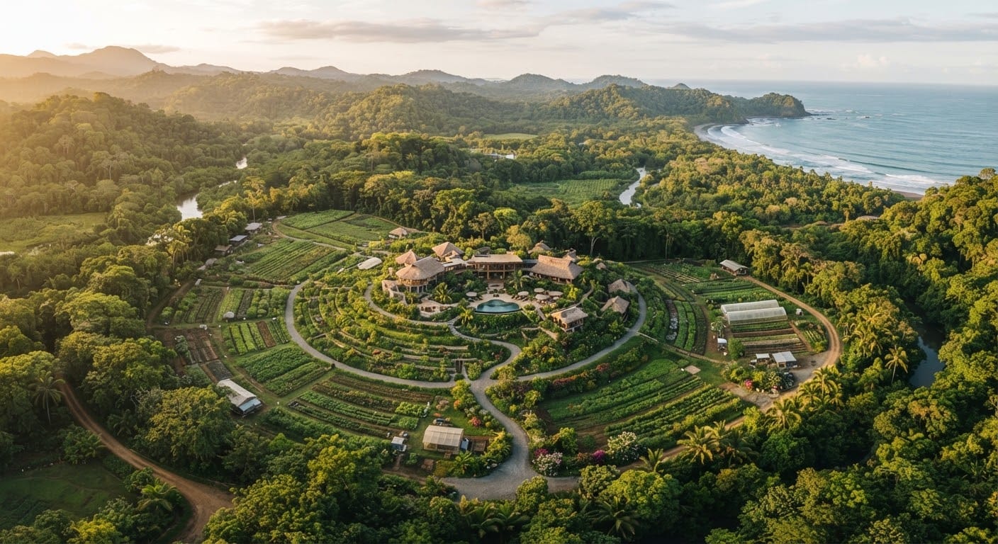 An aerial view of the organic farm woven into surrounding native forest.