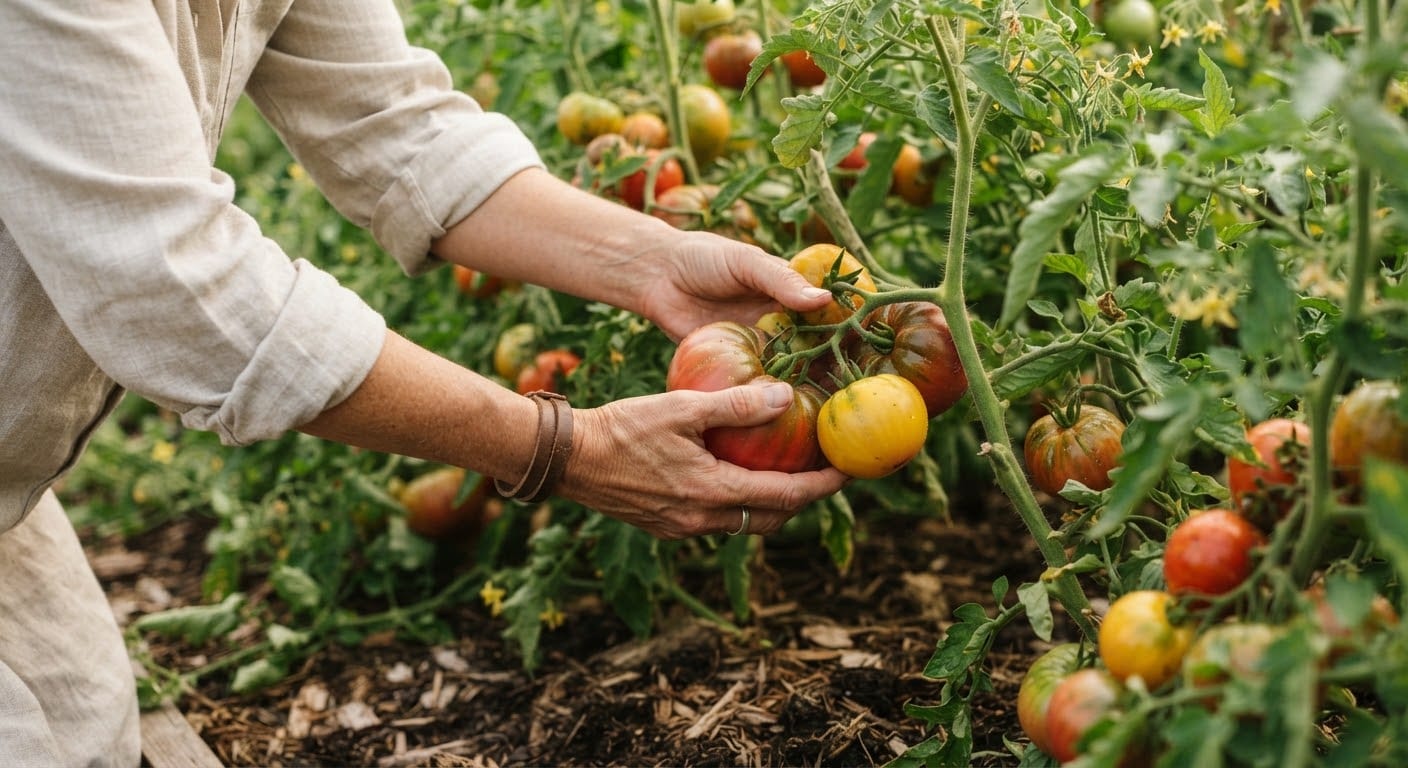 Hands harvesting ripe heirloom tomatoes from a regenerative garden bed.