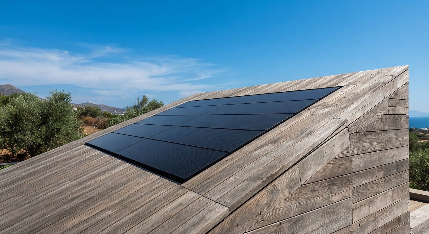 Low-profile solar panels integrated into an eco-villa roof.